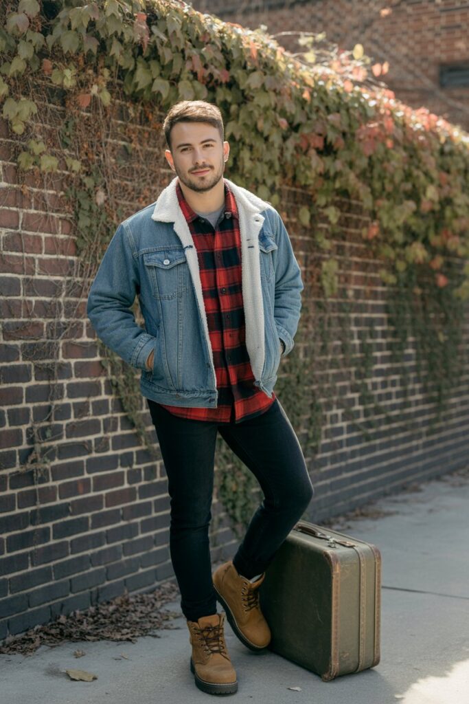 Sherpa-Lined Denim Jacket + Flannel Shirt
