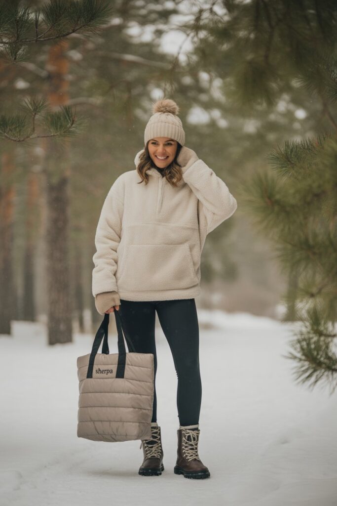 Sherpa Pullover + Leggings + Winter Boots