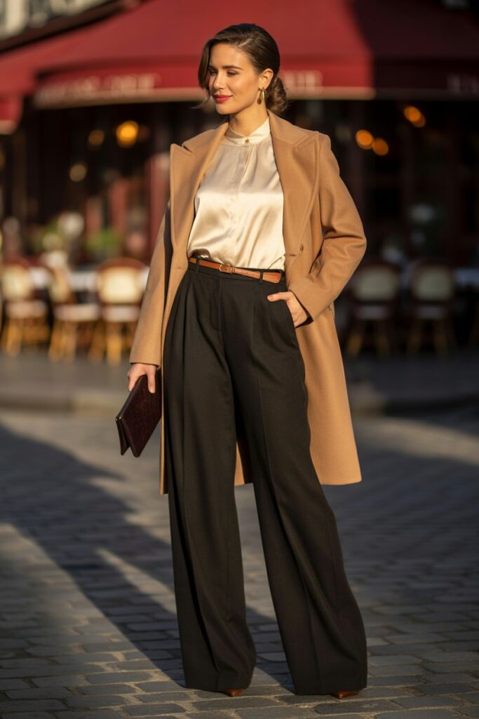 Silk Blouse + Wide-Leg Trousers + Belted Coat