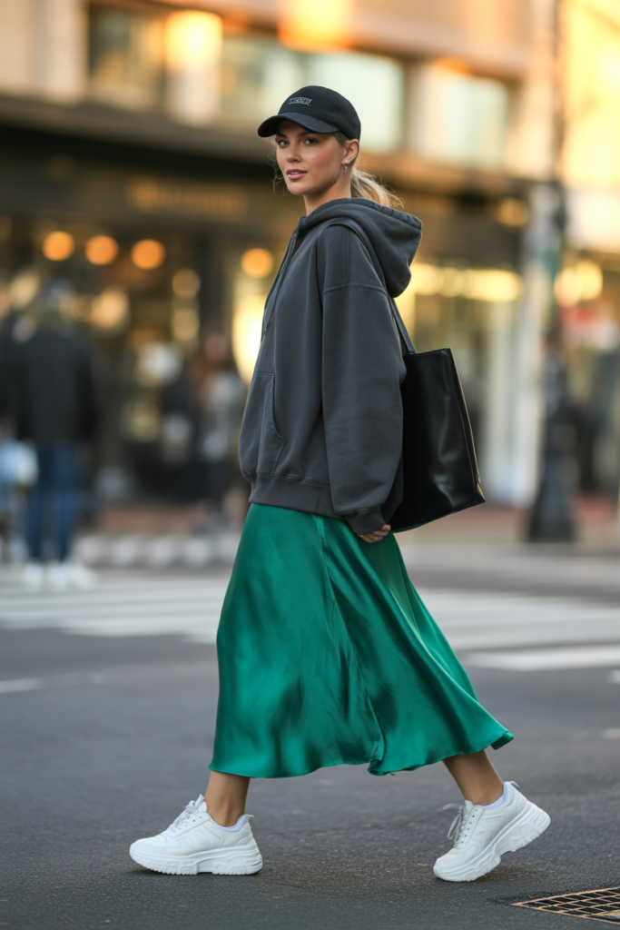 Silk Skirt And Hoodie Street Style