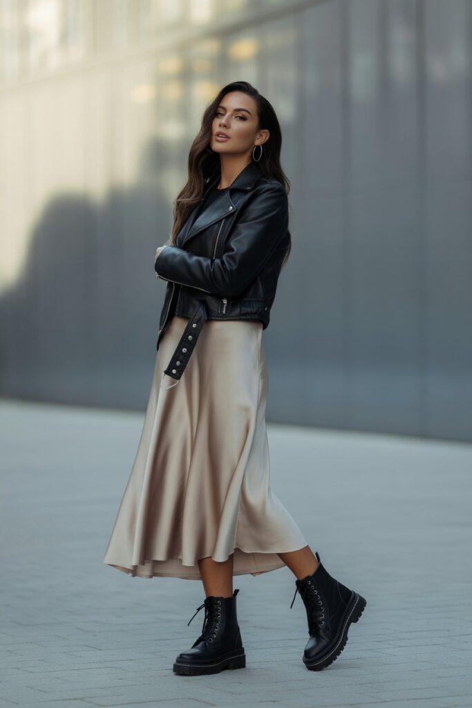 Silk Skirt And Leather Jacket Combo