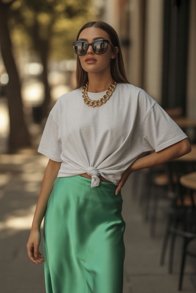 Silk Skirt And Oversized T-Shirt