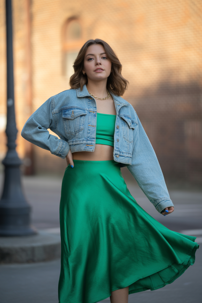 Silk Skirt With Denim Jacket