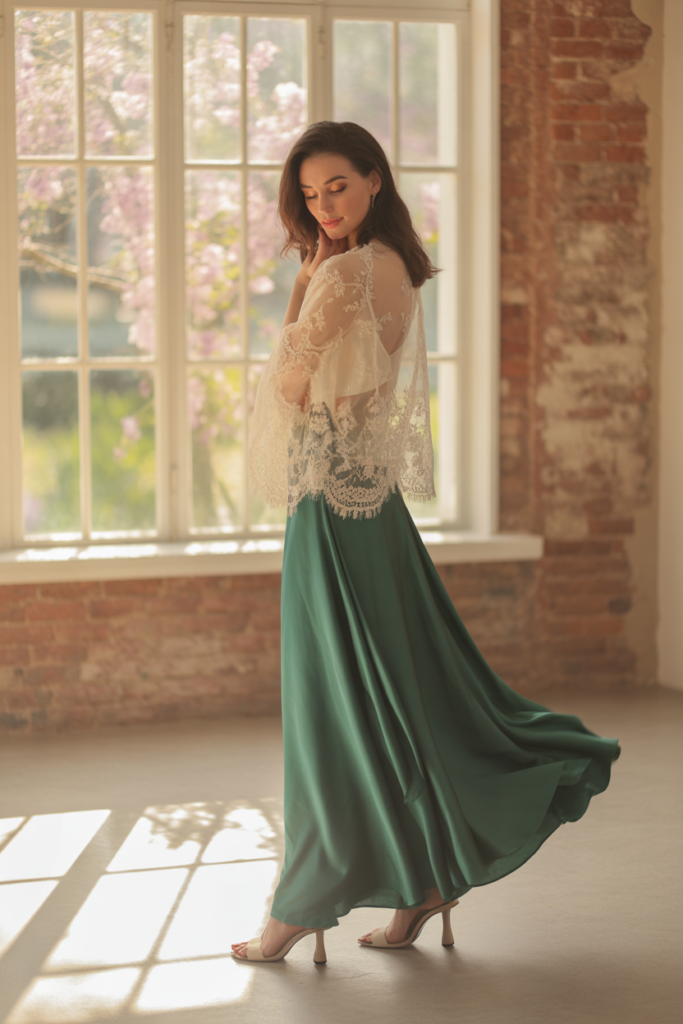 Silk Skirt With Mesh Or Lace Top