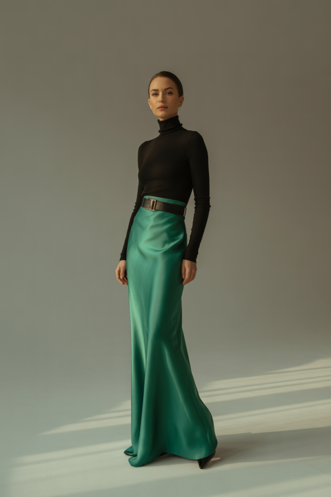 Silk Skirt With Turtleneck And Belt