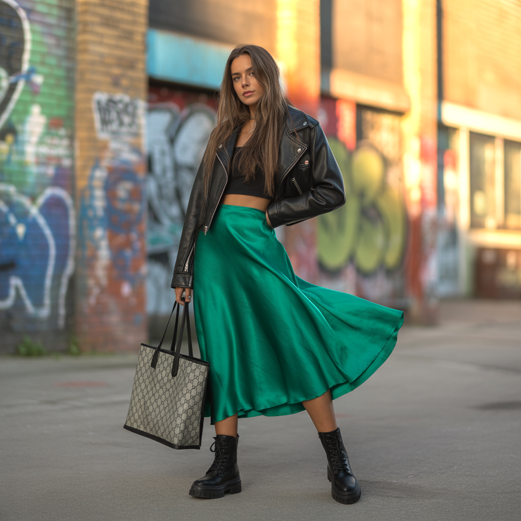 Silk Skirt with a Leather Jacket