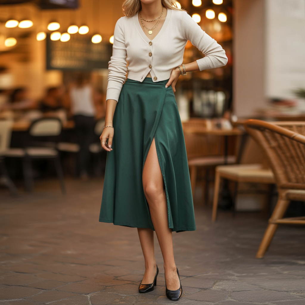 Slit Skirt with a Buttoned Cardigan