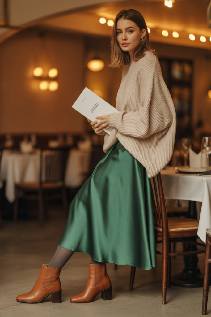 Slouchy Knit + Satin Midi Skirt + Tights