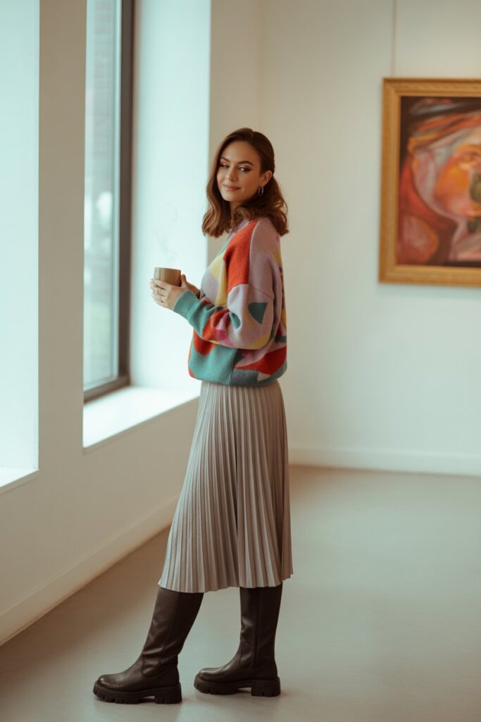 Statement Sweater + Pleated Skirt