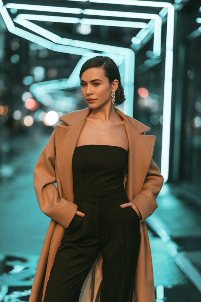 Strapless Jumpsuit + Long Wool Coat + Crystal Earrings For Sleek Glamour