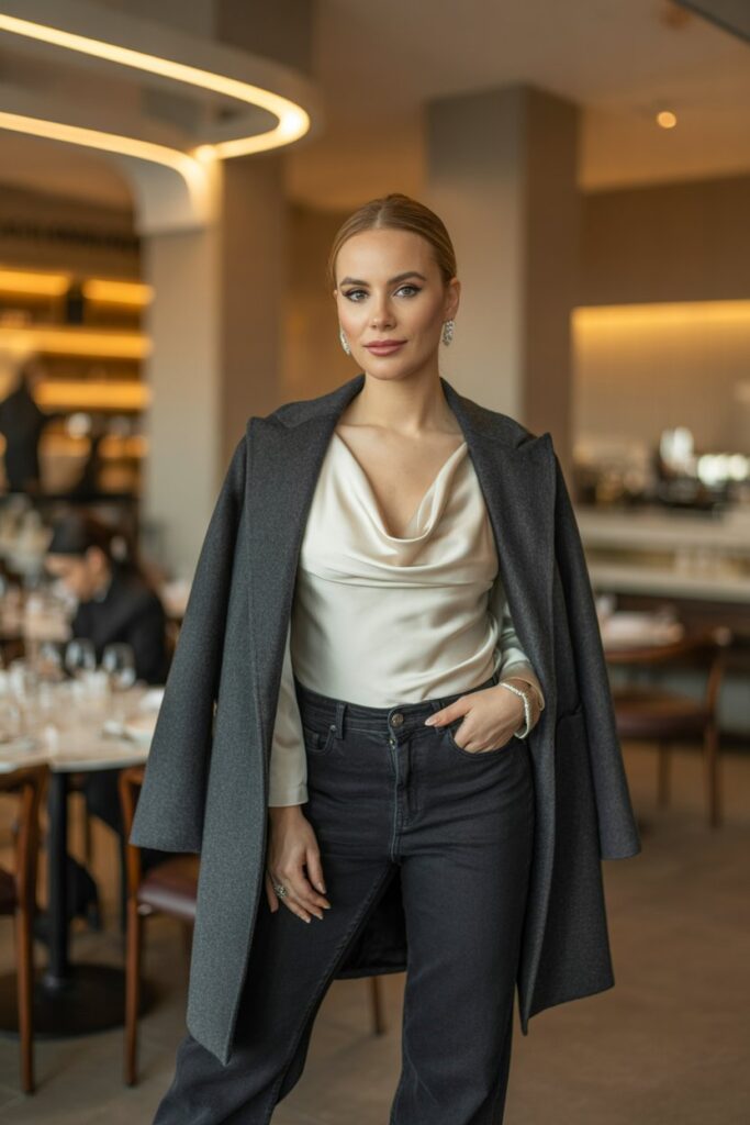 Structured Coat + Satin Top + Jeans For Casual Elegance