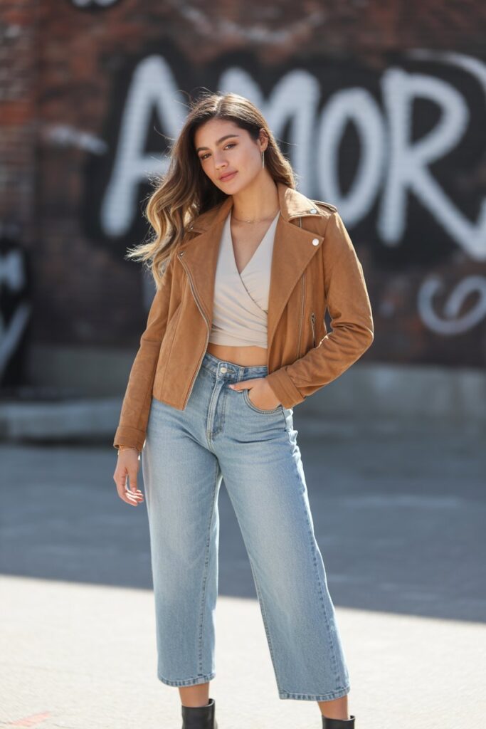 Suede Moto Jacket + Wrap Top + Cropped Jeans