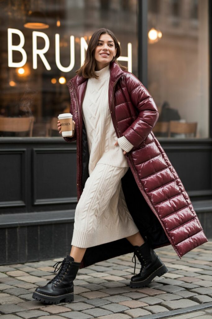 Sweater Dress + Longline Puffer Coat + Chunky Boots For Outdoor Brunch Dates