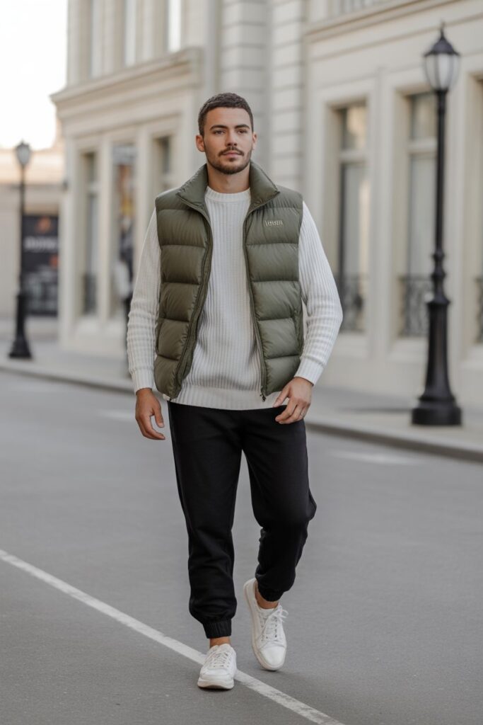 Sweater + Padded Gilet + Joggers For Quick Layering