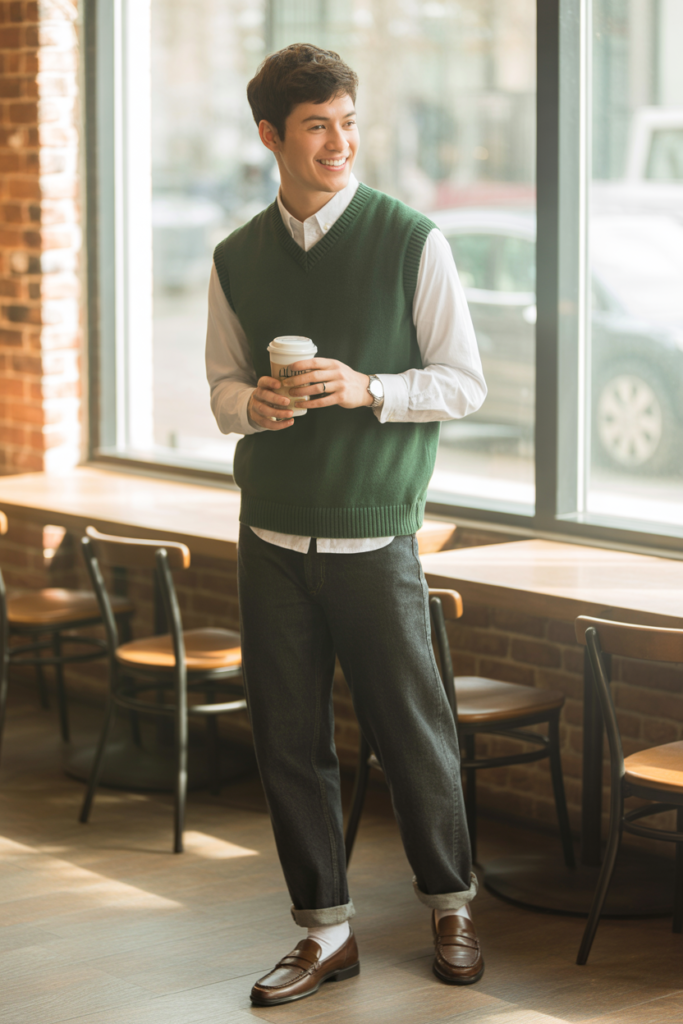 Sweater Vest + Button-Up + Jeans