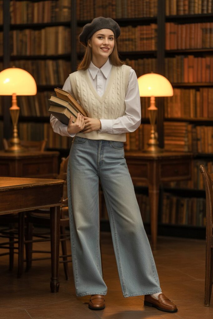 Sweater Vest + Button-Up + Wide-Leg Jeans