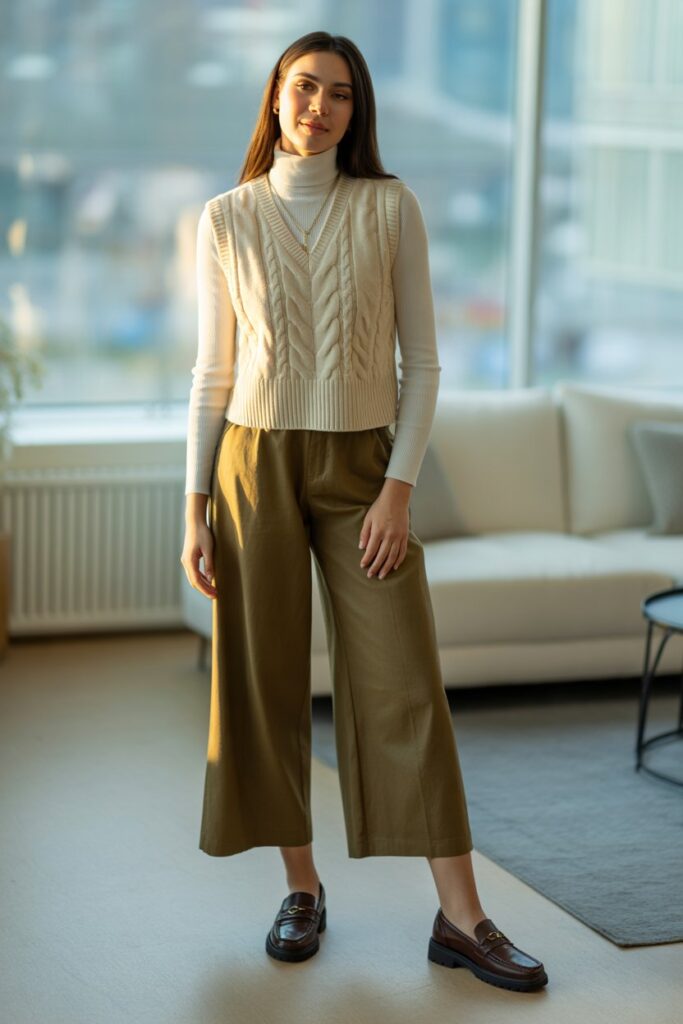 Sweater Vest + Turtleneck + Cropped Pants For Layered Ease