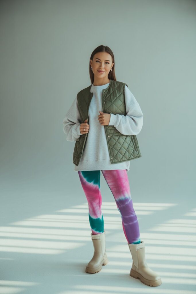 Sweatshirt + Quilted Vest + Colorful Leggings