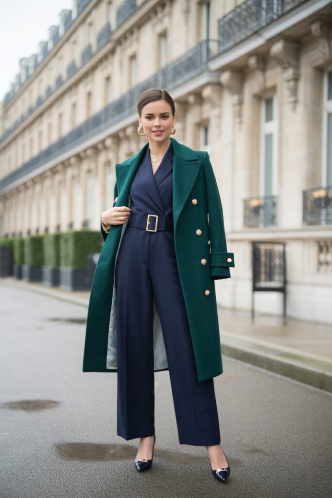 Tailored Jumpsuit + Belted Wool Coat