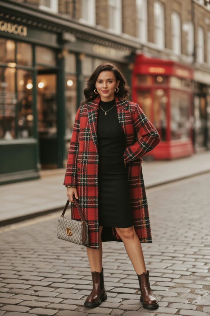 Tartan Coat + Black Dress + Chelsea Boots