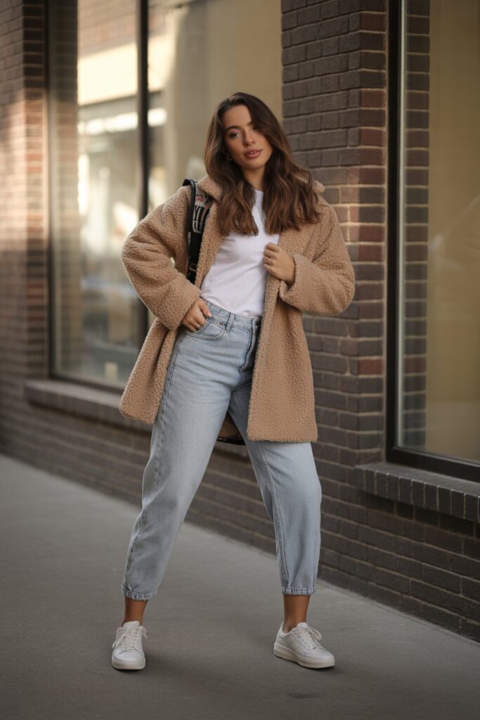 Teddy Coat + Basic Tee + Mom Jeans