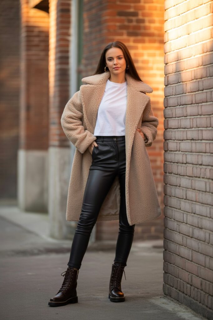 Teddy Coat + Leather Pants