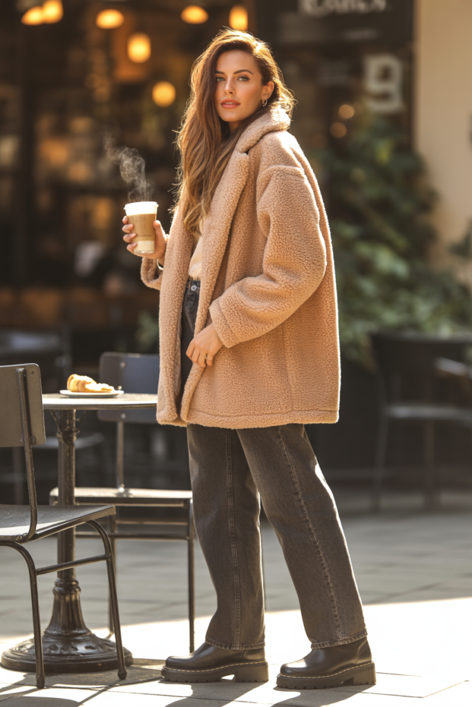 Teddy Coat + Straight-Leg Jeans + Lug-Sole Boots For Casual Comfort