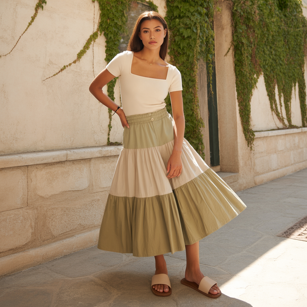Tiered Skirt with a Square-Neck Top