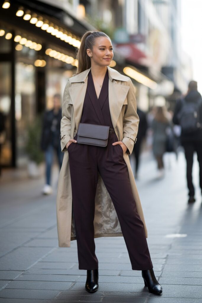 Trench Coat + Jumpsuit + Ankle Boots