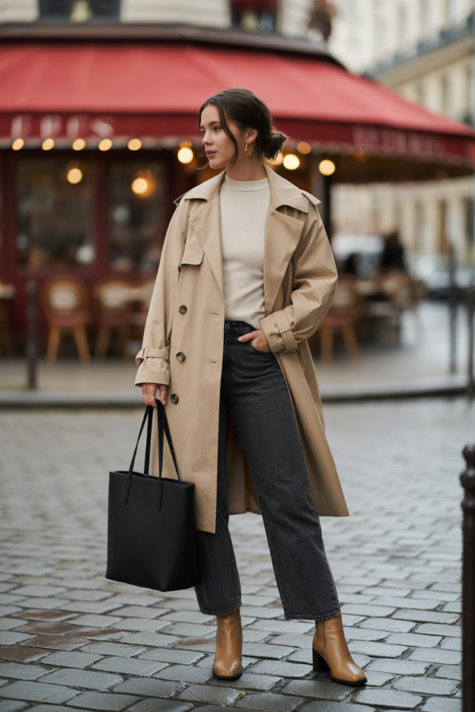 Trench Coat + Layered Sweaters