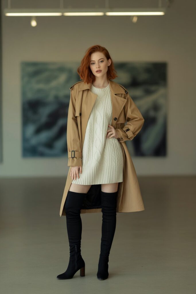 Trench Coat + Sweater Dress + Over-The-Knee Boots
