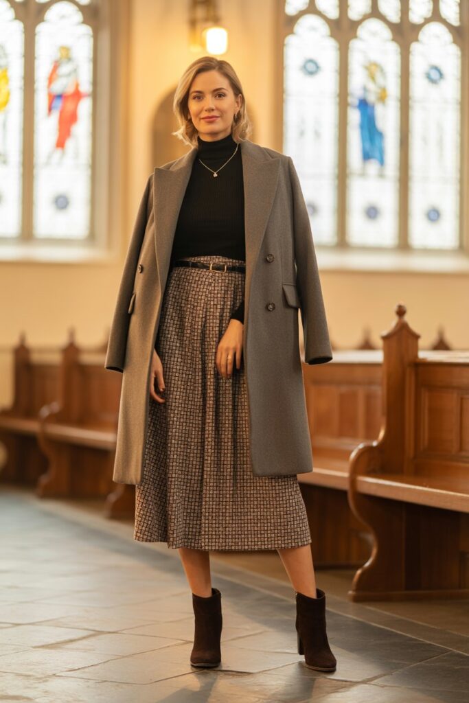 Turtleneck + Checked Midi Dress