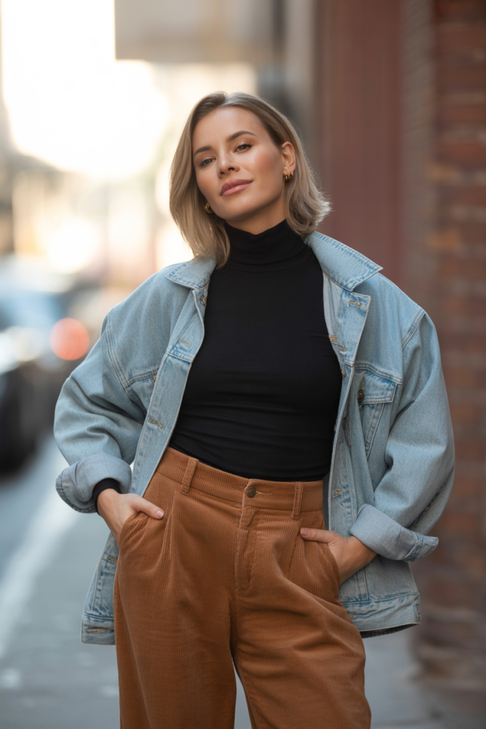 Turtleneck + Denim Jacket + Corduroy Pants