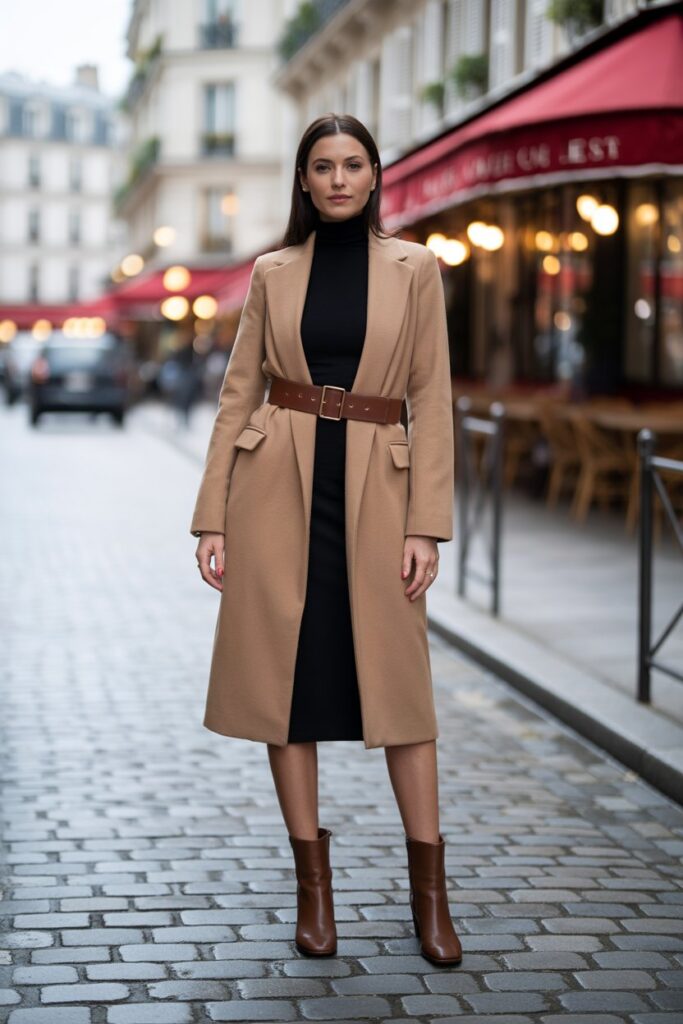 Turtleneck Dress + Belted Coat + Ankle Boots For Chic Simplicity