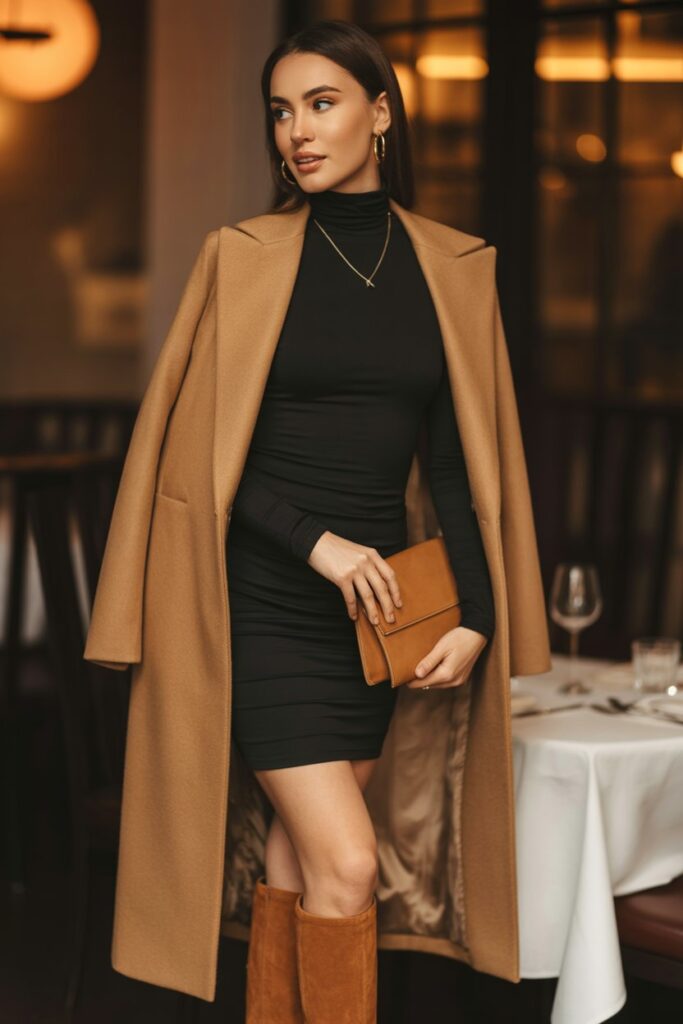 Turtleneck Dress + Knee-High Boots For Cozy Dinner Dates