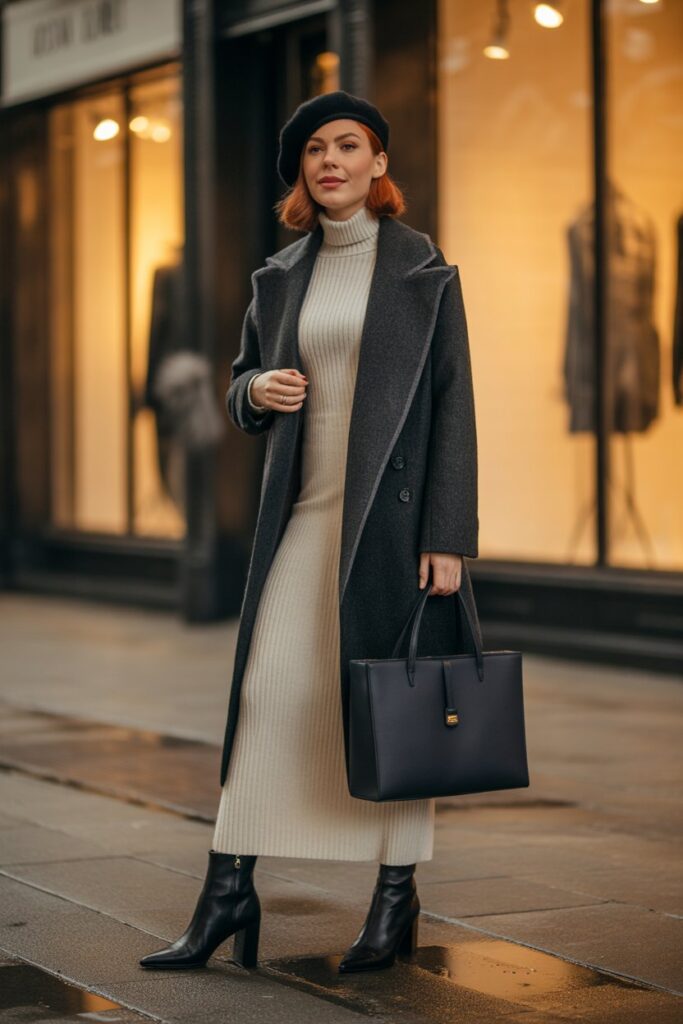Turtleneck Dress + Long Coat + Heeled Boots