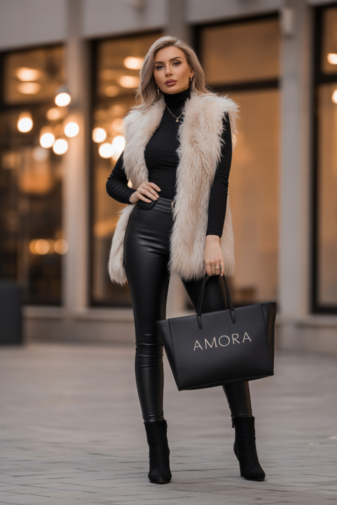 Turtleneck + Faux Fur Vest + Faux Leather Leggings