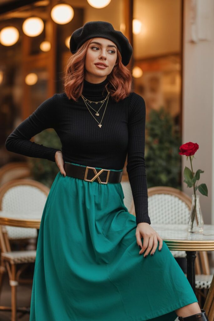 Turtleneck + Maxi Skirt + Statement Belt