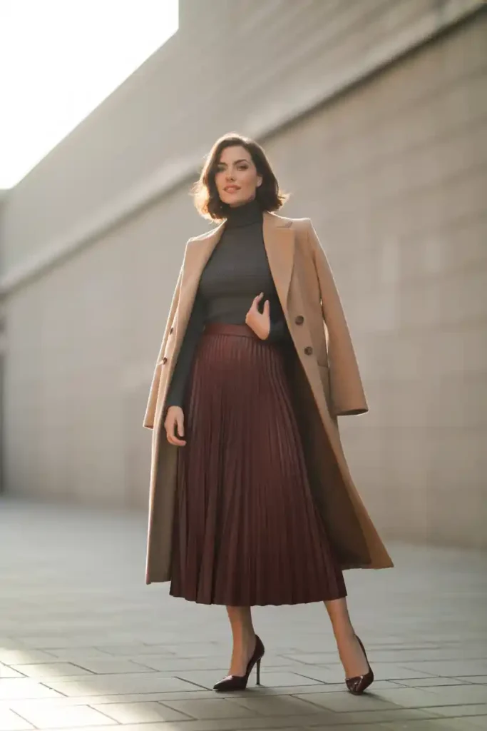 Turtleneck + Pleated Midi Skirt