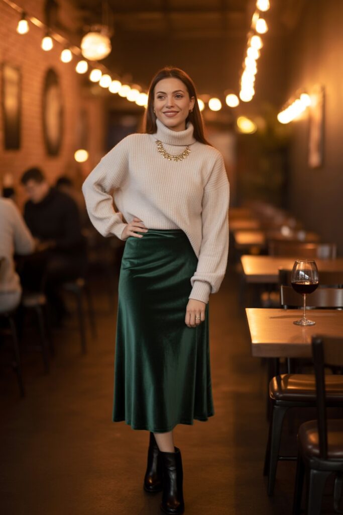 Turtleneck Sweater + Midi Skirt + Ankle Boots
