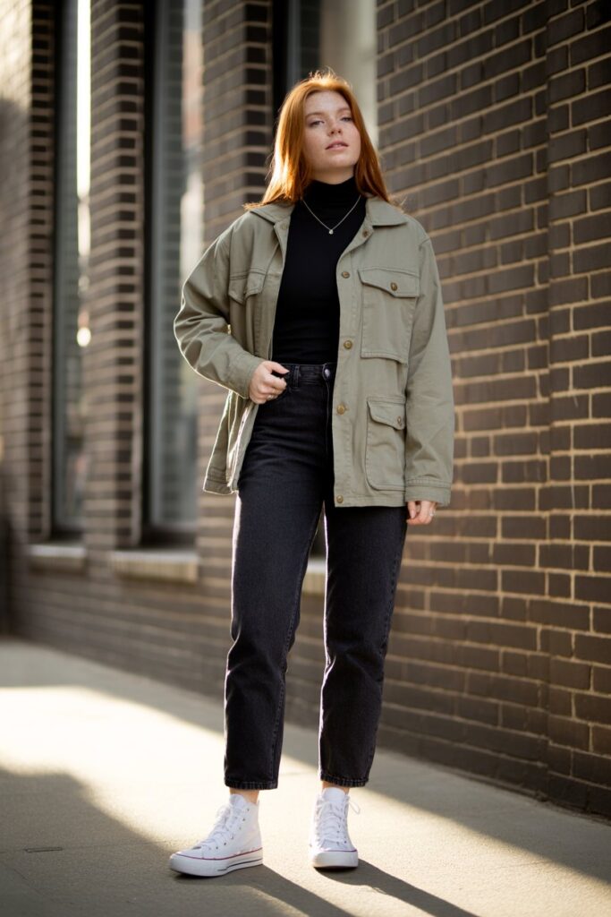 Turtleneck + Utility Jacket + Straight-Leg Jeans