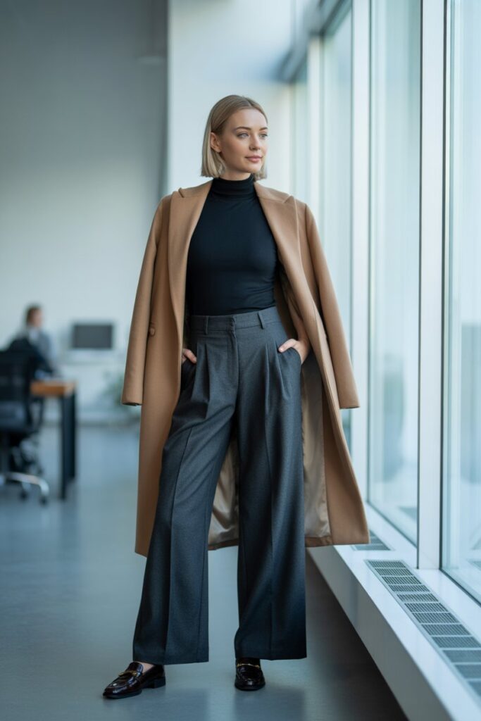 Turtleneck + Wide-Leg Trousers