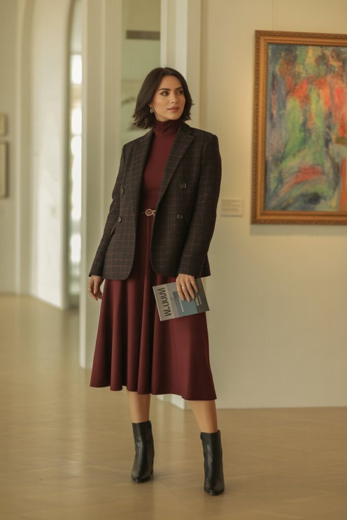 Tweed Blazer + Turtleneck Dress + Ankle Boots For Cultural Dates