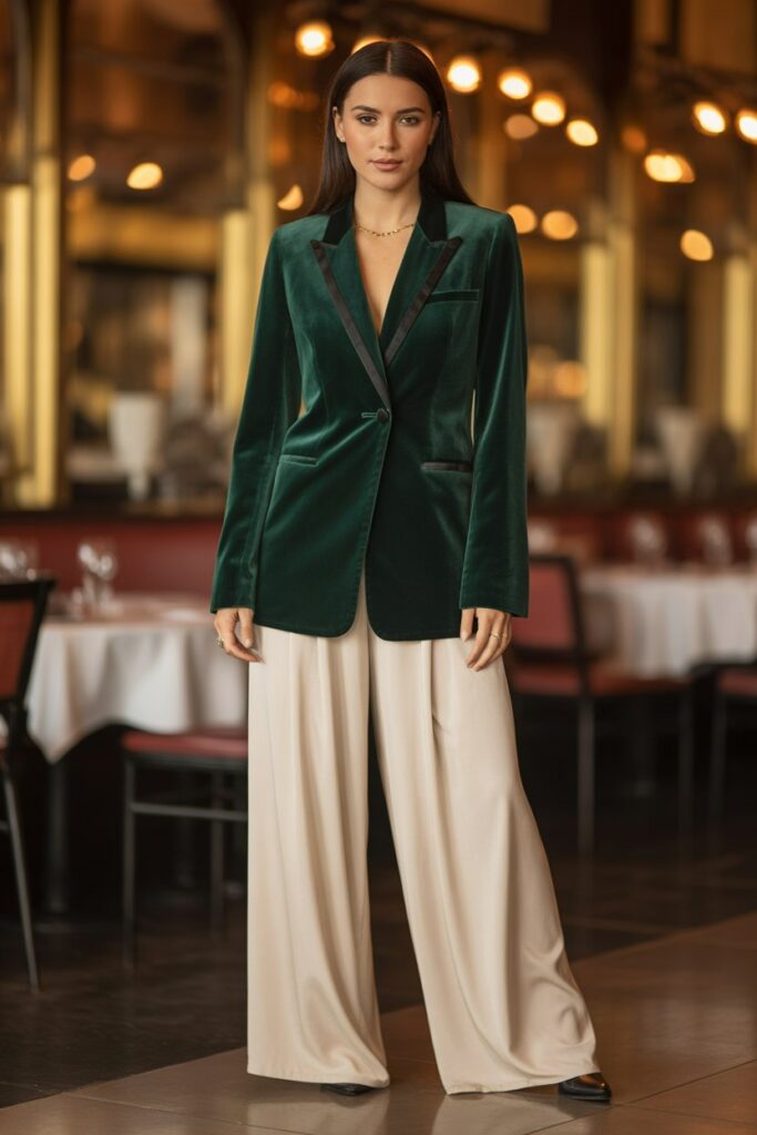 Velvet Blazer + Wide-Leg Trousers