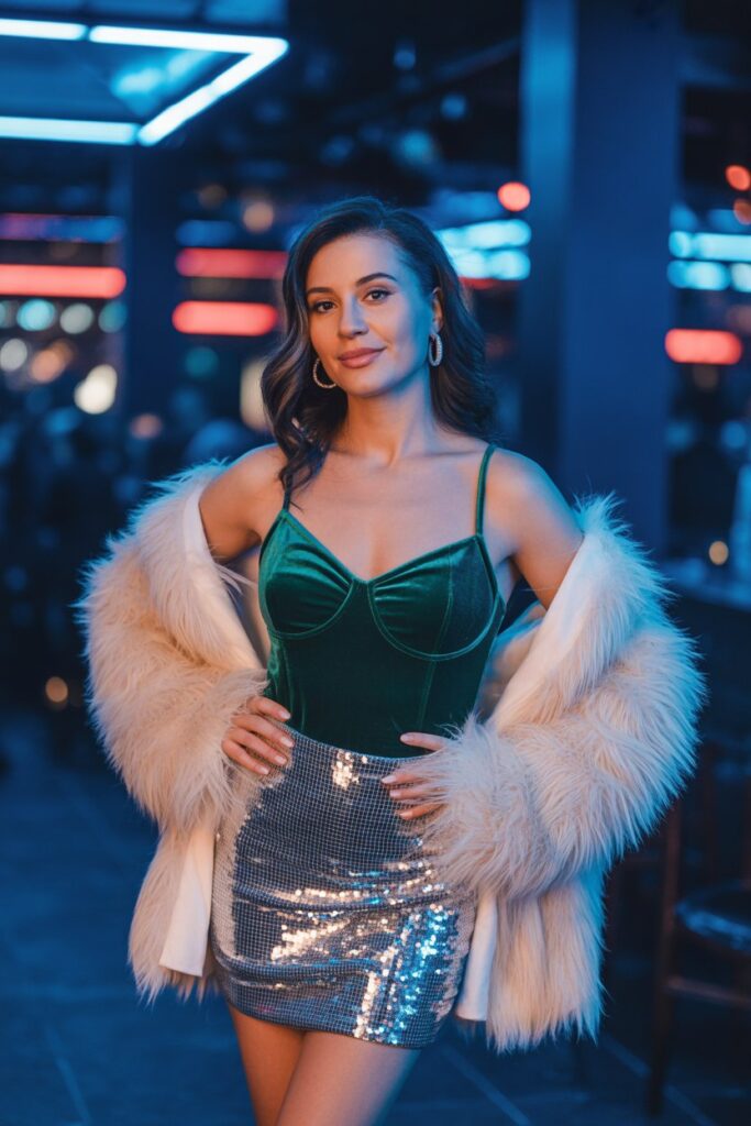 Velvet Bodysuit + Sequin Mini Skirt + Faux Fur Jacket For Texture Play