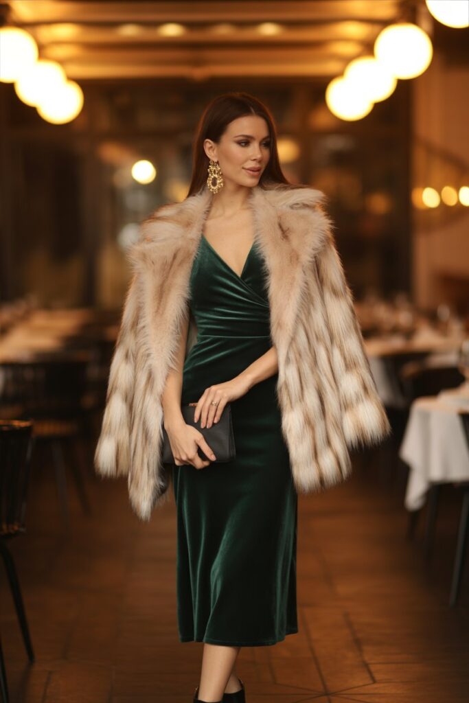 Velvet Midi Dress + Faux Fur Coat