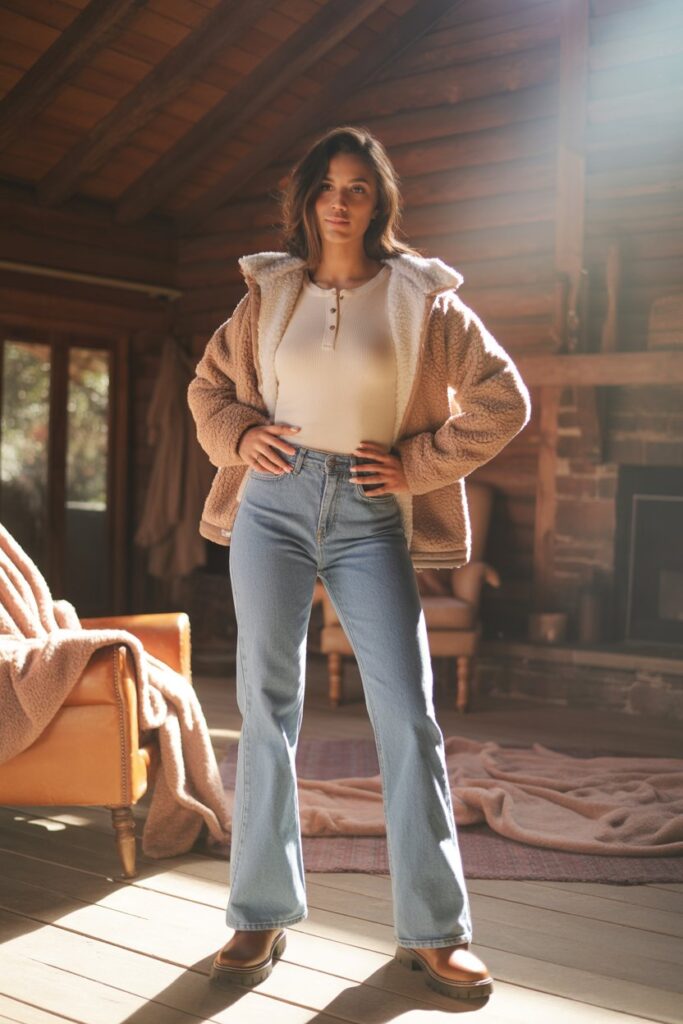 Waffle Knit Henley + Sherpa Jacket + Bootcut Jeans