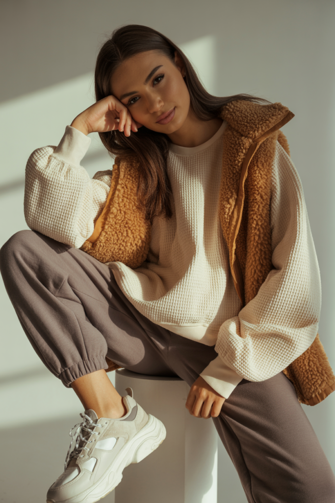 Waffle-Knit Top + Sherpa Vest + Joggers