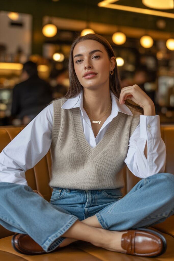 White Button-Down + Knit Vest + Straight-Leg Jeans For Layered Ease