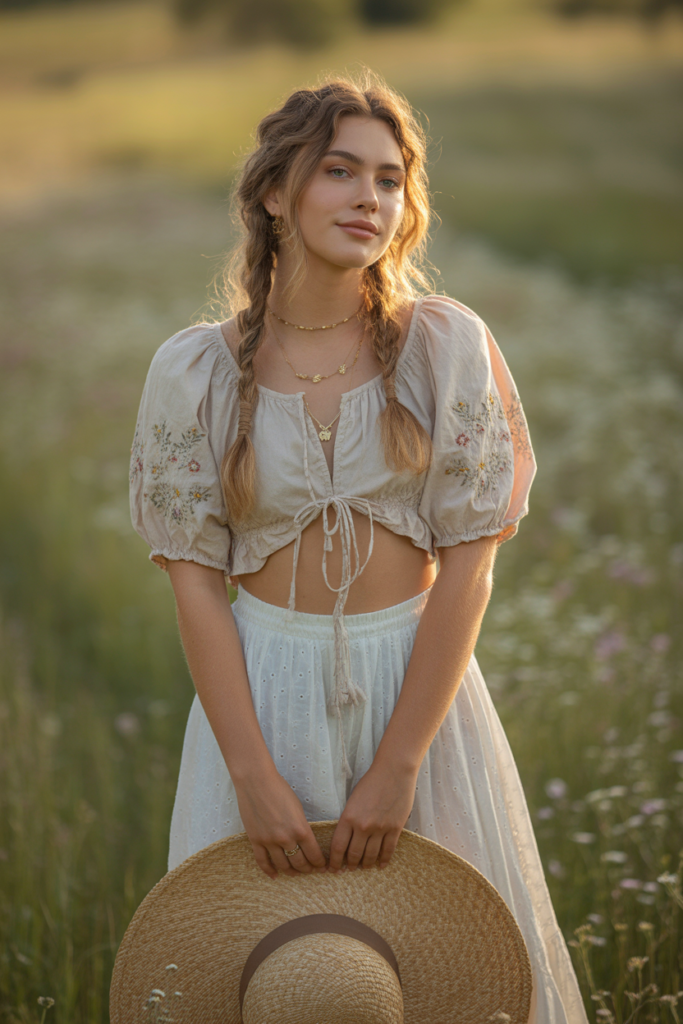 White Cotton Skirt + Peasant Top For Cottagecore Feels
